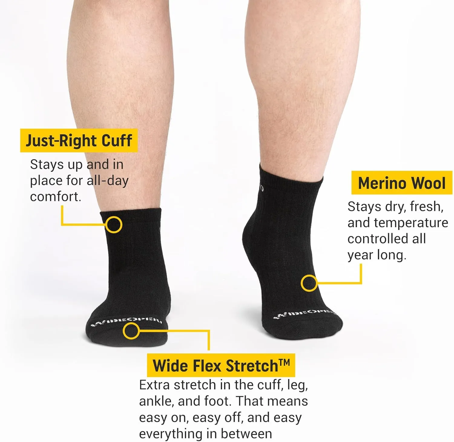 Wide Open Quarter Merino Wool Socks for Men Everyday Basic Wide Ankle Socks for Wide Feet (Style 9004)