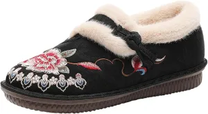 Winter Snow Boots for Women,Women's Slip On Loafers,Womens Vintage Ethnic Embroidered Ankle Boots Fashion Casual Boho Cotton Low Top Sneakers Warm Fur Lined Shoes for Work Nurse Travel