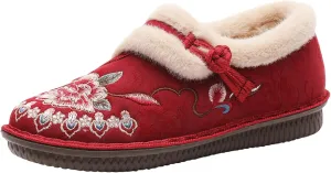 Winter Snow Boots for Women,Women's Slip On Loafers,Womens Vintage Ethnic Embroidered Ankle Boots Fashion Casual Boho Cotton Low Top Sneakers Warm Fur Lined Shoes for Work Nurse Travel