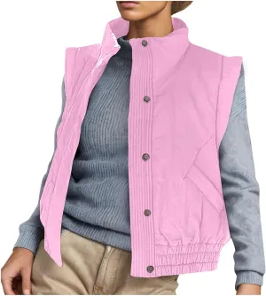 Winter Vest for Women Sleeveless Button Down Puffer Vest Stand Collar Quilted Lightweight Jacket Winter Padded Coats