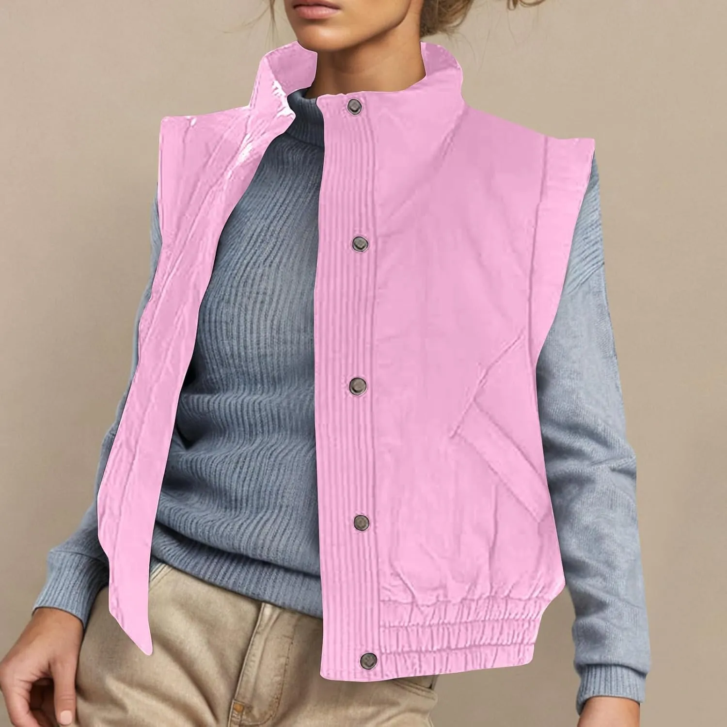Winter Vest for Women Sleeveless Button Down Puffer Vest Stand Collar Quilted Lightweight Jacket Winter Padded Coats