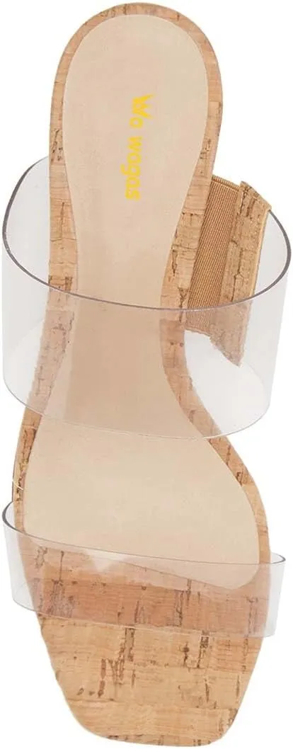Women Open Square Toe Low Block Heel Sandals Transparent Double Straps Slip On Slide Mules Comfy Outdoor Leisure Shoes Size 4-16 US