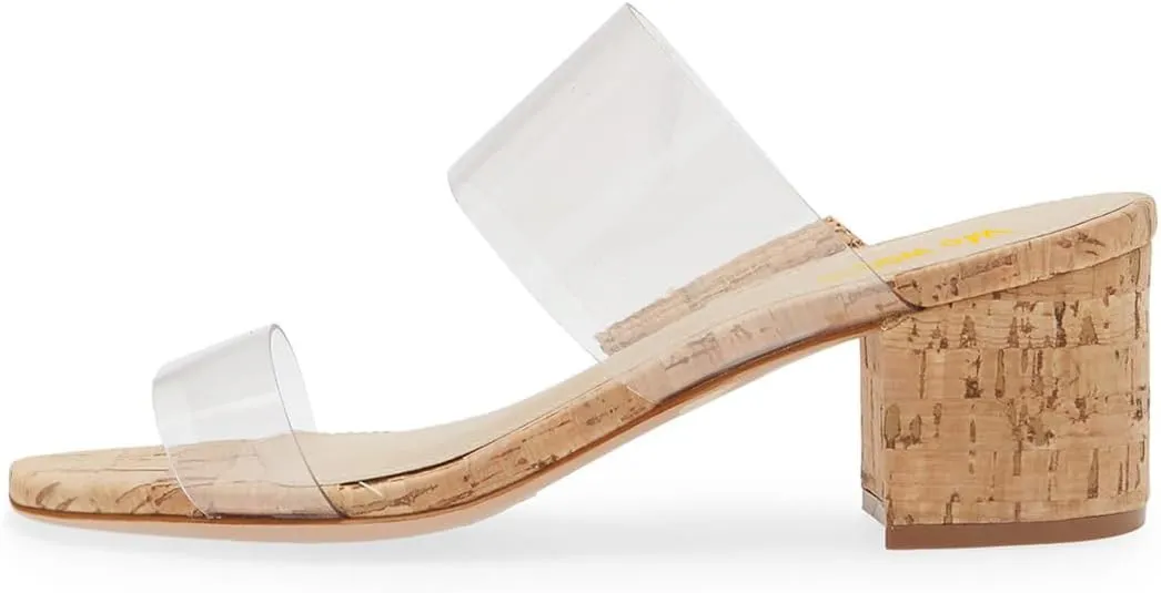 Women Open Square Toe Low Block Heel Sandals Transparent Double Straps Slip On Slide Mules Comfy Outdoor Leisure Shoes Size 4-16 US
