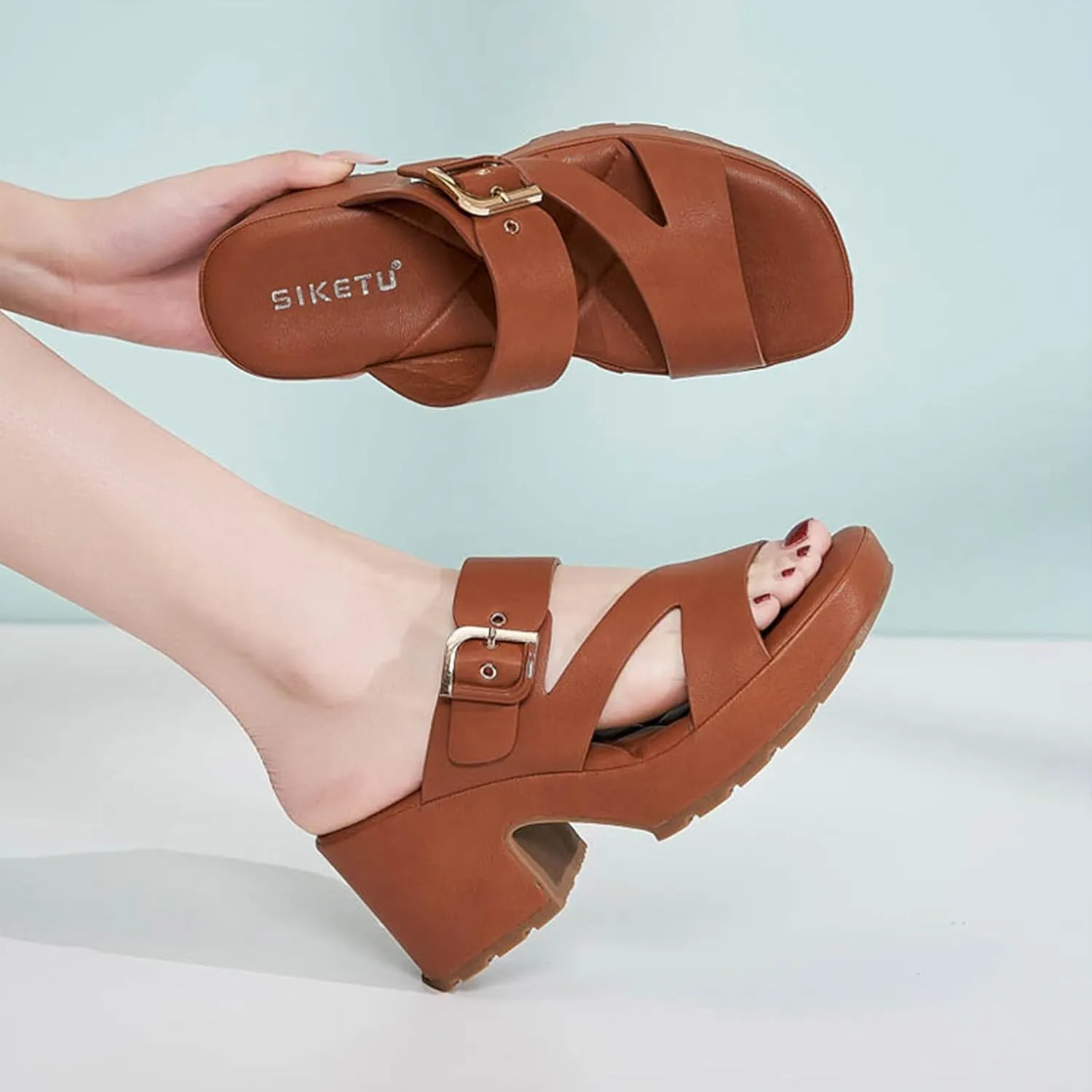 Women PU Platform Chunky Heel Square Open Toe Mules Sandals Fashion Block Heel Anti-slip Lug Sole Slip on Slides Sandals Adjustable Metal Buckles Lightweight Comfortable Summer Dress Sandals