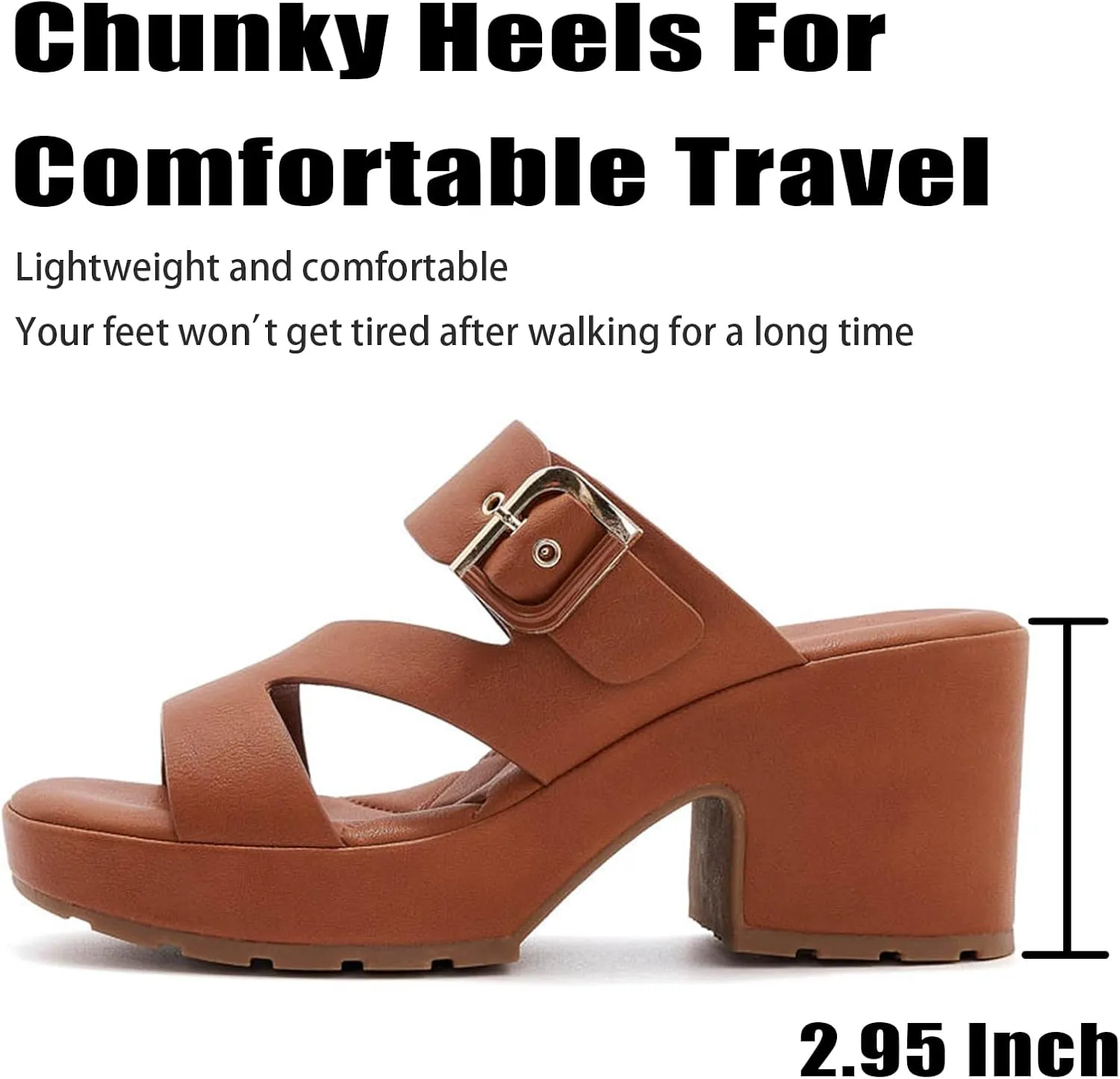 Women PU Platform Chunky Heel Square Open Toe Mules Sandals Fashion Block Heel Anti-slip Lug Sole Slip on Slides Sandals Adjustable Metal Buckles Lightweight Comfortable Summer Dress Sandals