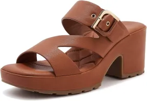 Women PU Platform Chunky Heel Square Open Toe Mules Sandals Fashion Block Heel Anti-slip Lug Sole Slip on Slides Sandals Adjustable Metal Buckles Lightweight Comfortable Summer Dress Sandals