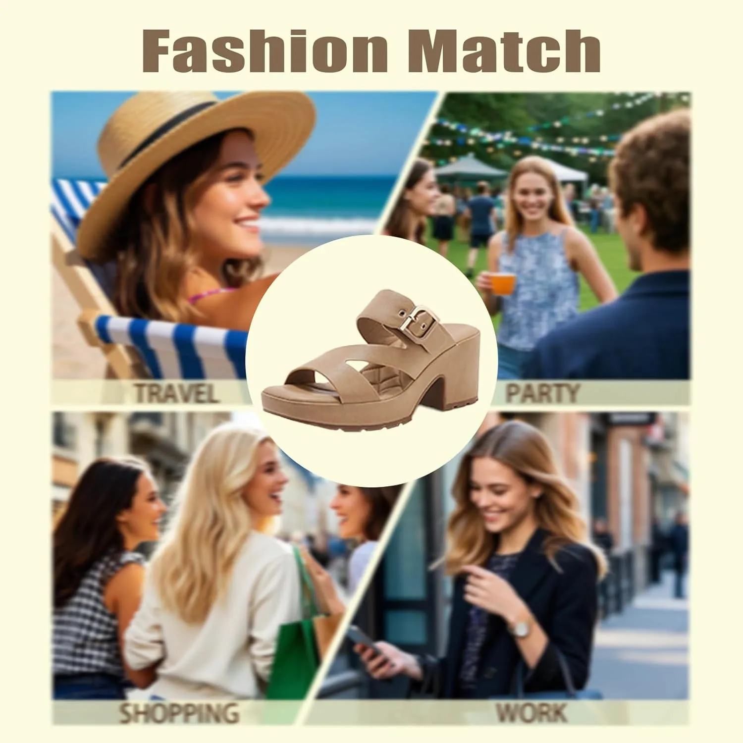 Women PU Platform Chunky Heel Square Open Toe Mules Sandals Fashion Block Heel Anti-slip Lug Sole Slip on Slides Sandals Adjustable Metal Buckles Lightweight Comfortable Summer Dress Sandals