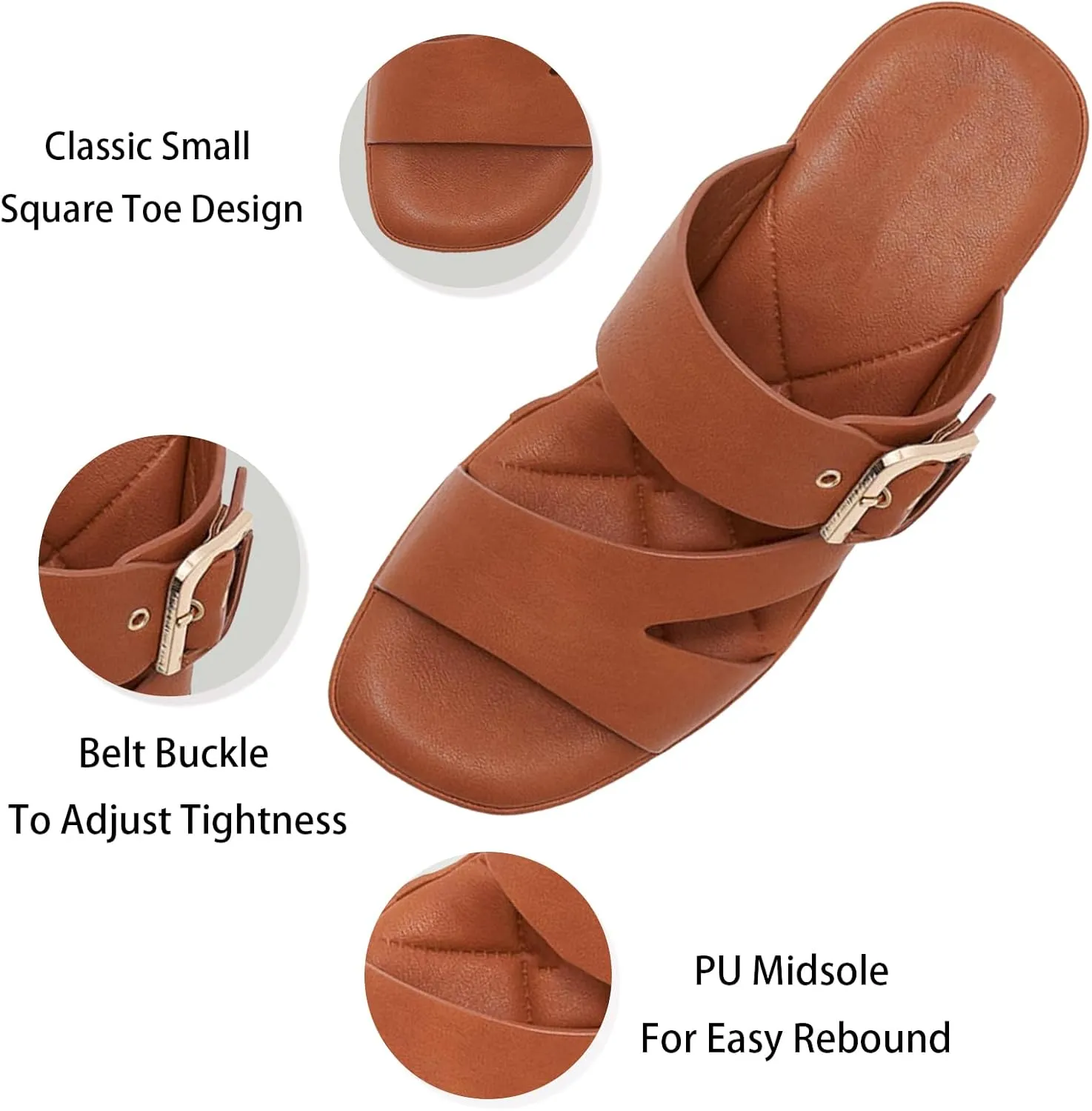 Women PU Platform Chunky Heel Square Open Toe Mules Sandals Fashion Block Heel Anti-slip Lug Sole Slip on Slides Sandals Adjustable Metal Buckles Lightweight Comfortable Summer Dress Sandals