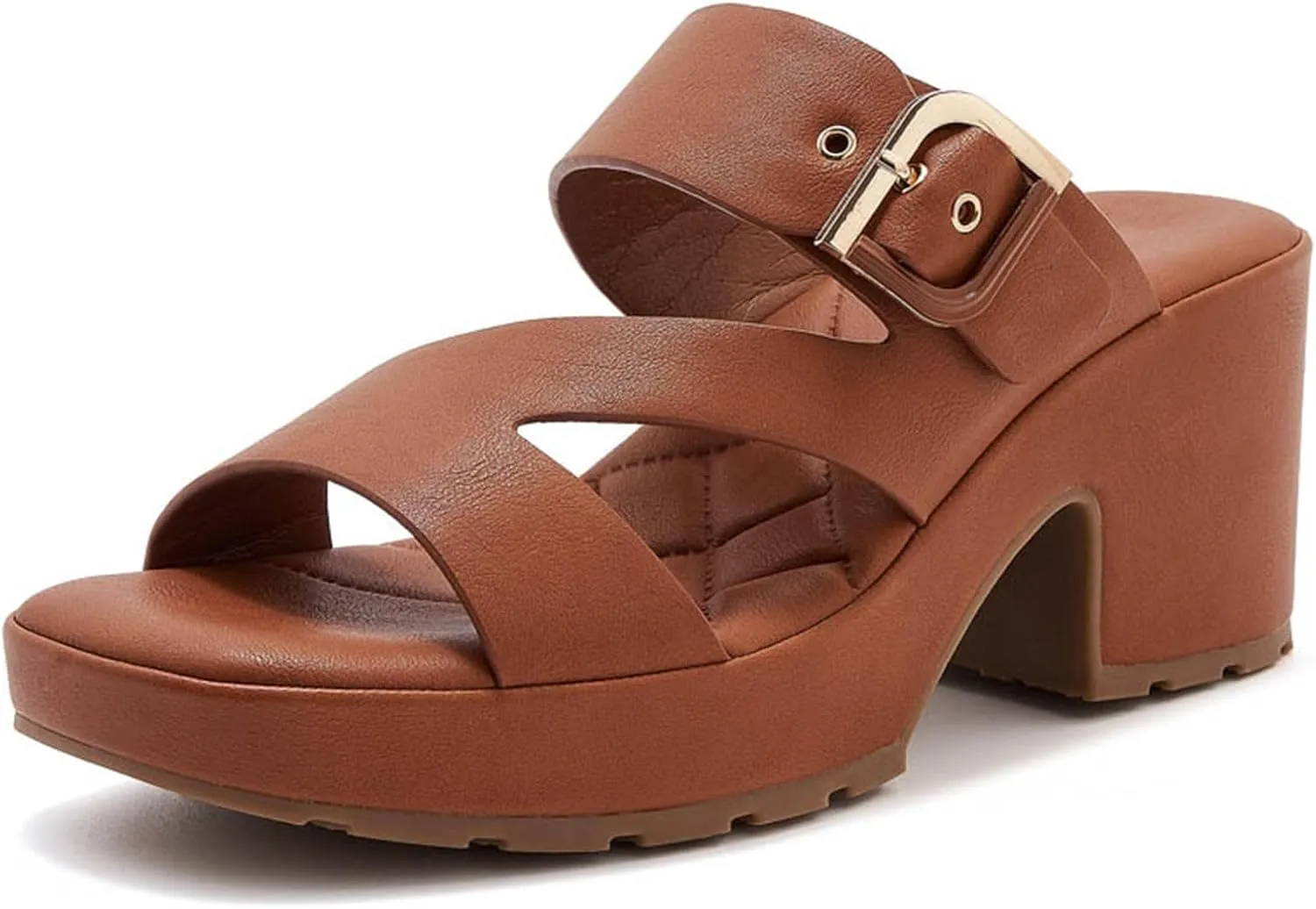 Women PU Platform Chunky Heel Square Open Toe Mules Sandals Fashion Block Heel Anti-slip Lug Sole Slip on Slides Sandals Adjustable Metal Buckles Lightweight Comfortable Summer Dress Sandals