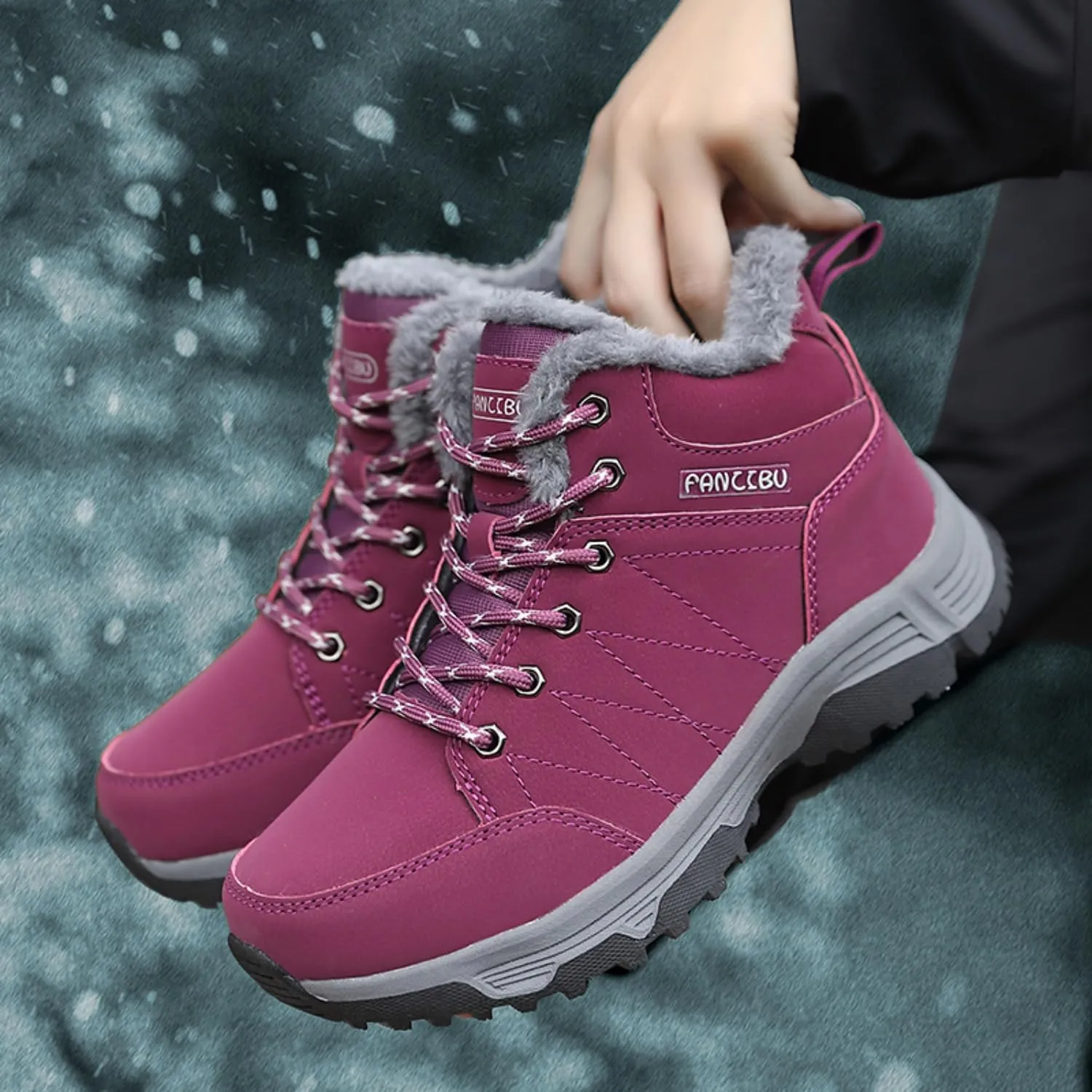 Women Waterproof Winter Ankle Snow Boots Non-Slip Hiking Boots with Warm Fur Lined Winter Walking Boots Sneakers Wide Width Outdoor