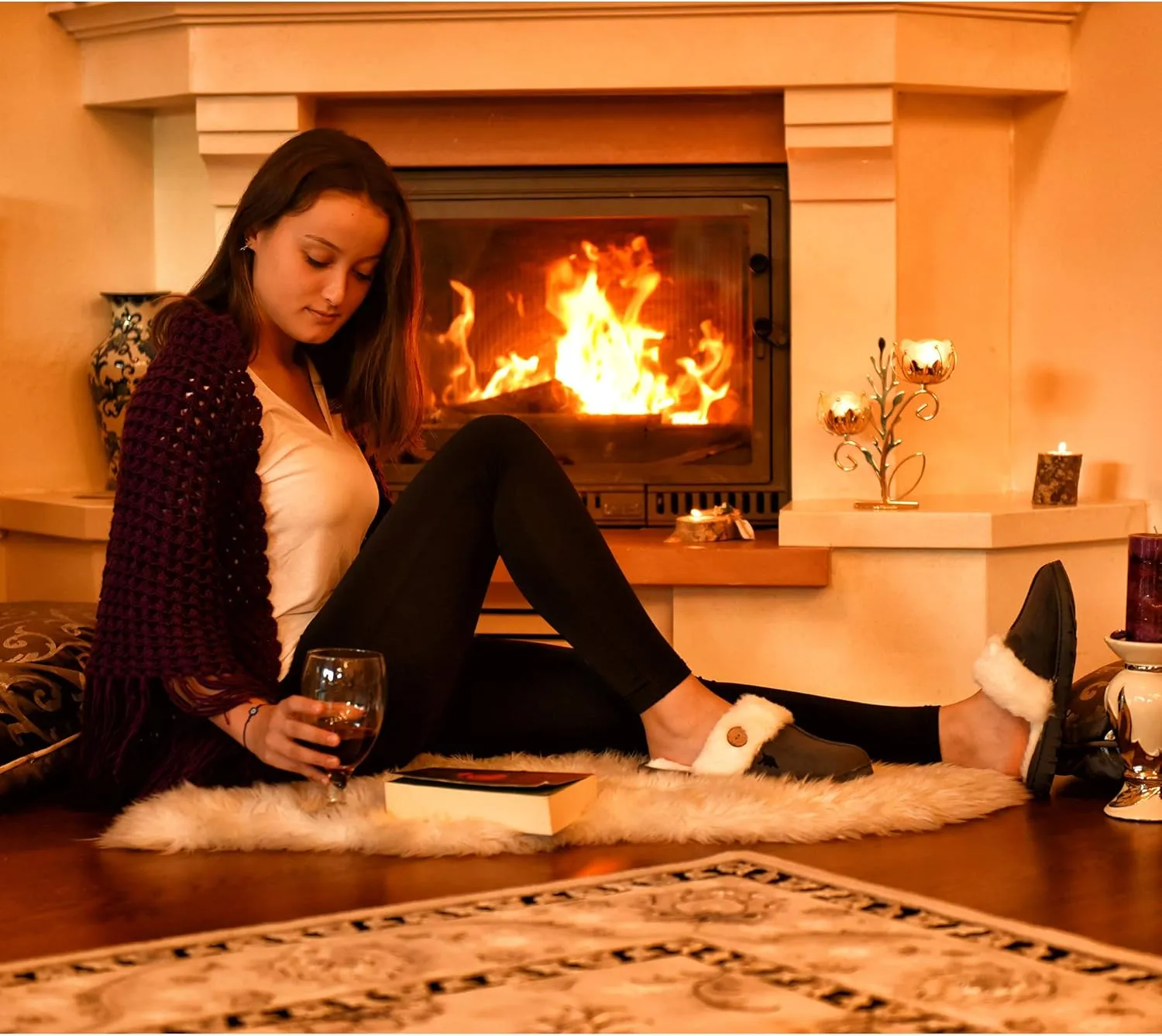 Womens 80-D Memory Foam Slippers Slip On Faux Fur Warm Winter Mules Fluffy Micro Suede Breathable Washable Indoor/Outdoor House Shoe w/Anti Slip Sole
