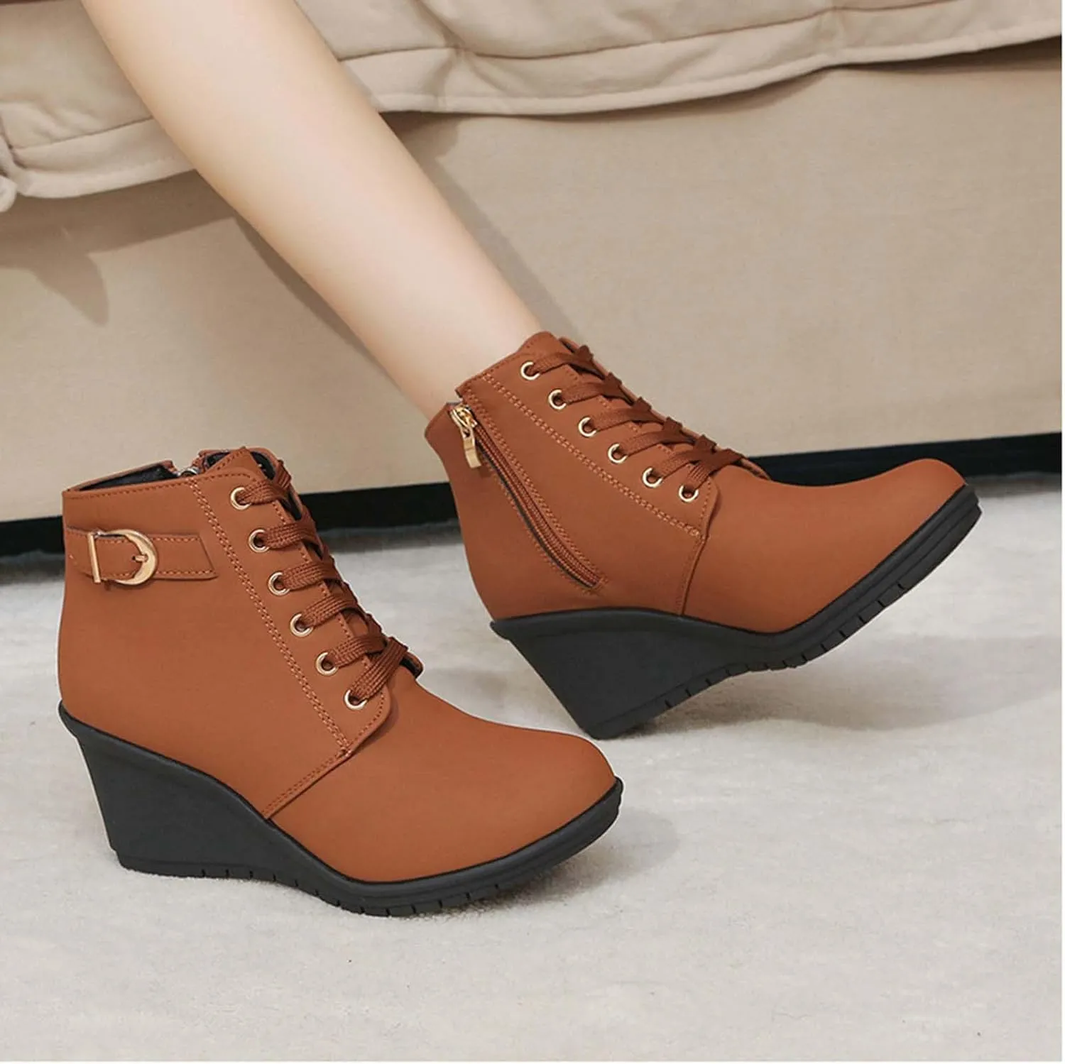 Womens Boots Large Size Slope Heel Boots Height Increase Thick Bottom Short Boots Fashion Boots with Buckle