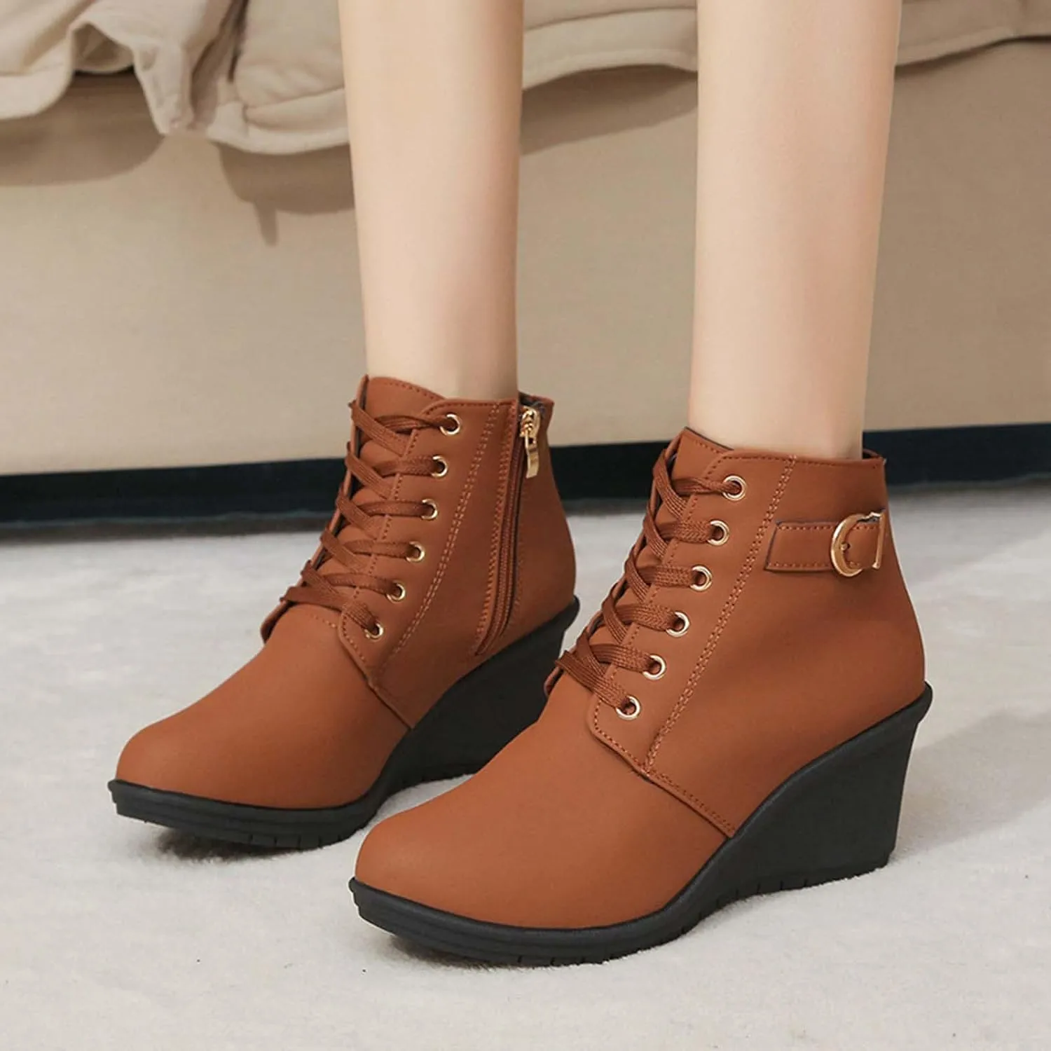 Womens Boots Large Size Slope Heel Boots Height Increase Thick Bottom Short Boots Fashion Boots with Buckle