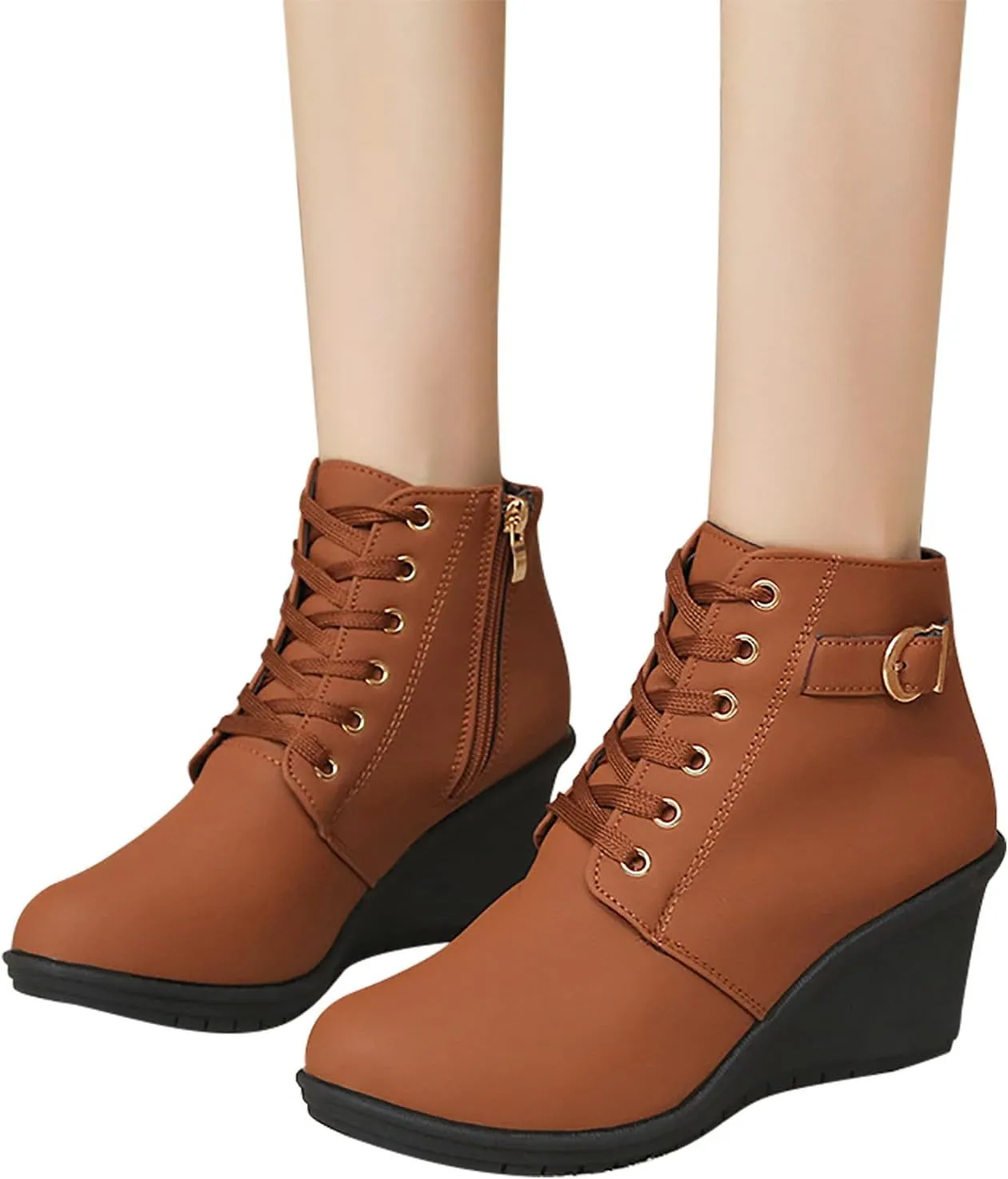 Womens Boots Large Size Slope Heel Boots Height Increase Thick Bottom Short Boots Fashion Boots with Buckle