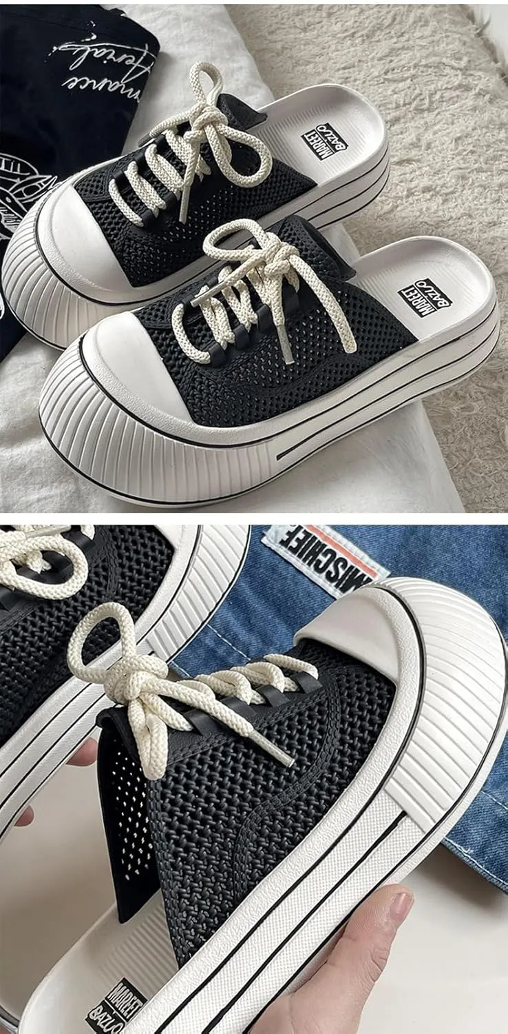 Women's Canvas Mules Platform Sneakers Backless Slip On Shoes Coquette Lace Up Round Toes Casual Slides Non Slip Chunky Thick Sole Retro Comfort Summer Tennis Shoes Wide Width Breathable Mesh