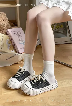 Women's Canvas Mules Platform Sneakers Backless Slip On Shoes Coquette Lace Up Round Toes Casual Slides Non Slip Chunky Thick Sole Retro Comfort Summer Tennis Shoes Wide Width Breathable Mesh