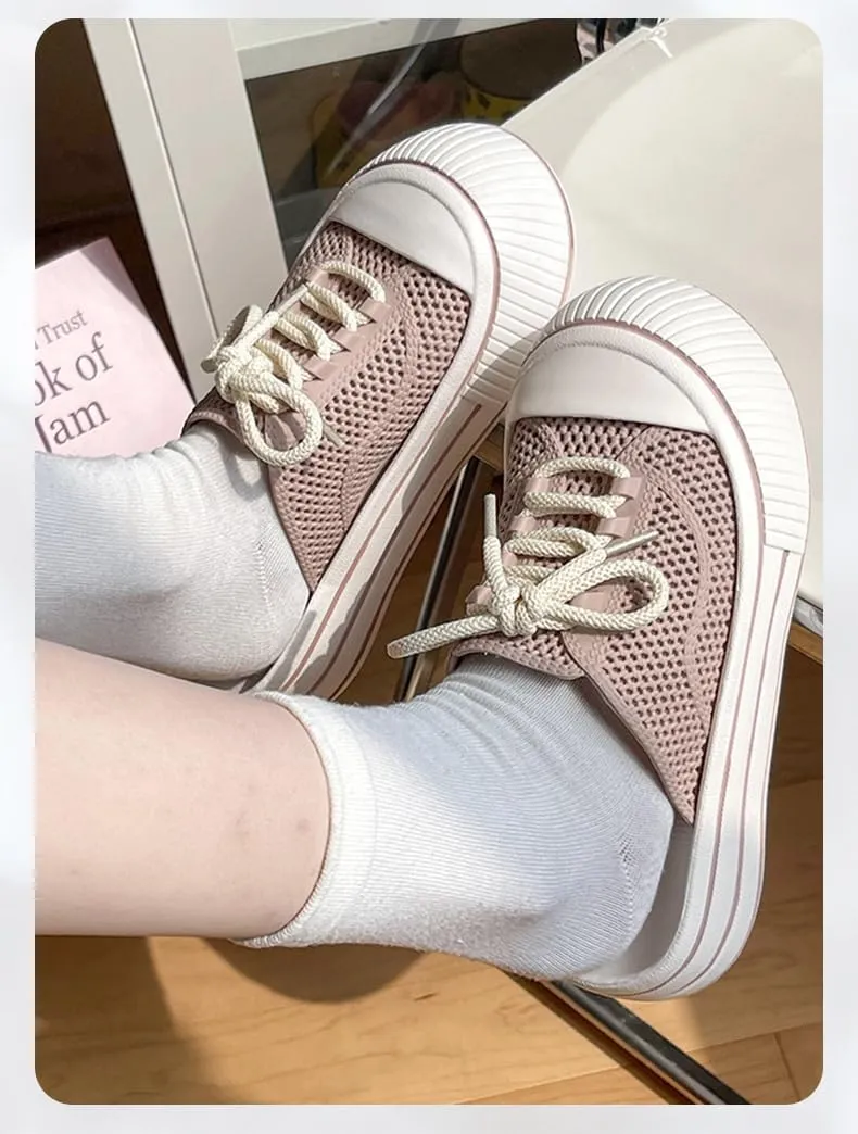 Women's Canvas Mules Platform Sneakers Backless Slip On Shoes Coquette Lace Up Round Toes Casual Slides Non Slip Chunky Thick Sole Retro Comfort Summer Tennis Shoes Wide Width Breathable Mesh