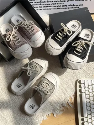 Women's Canvas Mules Platform Sneakers Backless Slip On Shoes Coquette Lace Up Round Toes Casual Slides Non Slip Chunky Thick Sole Retro Comfort Summer Tennis Shoes Wide Width Breathable Mesh