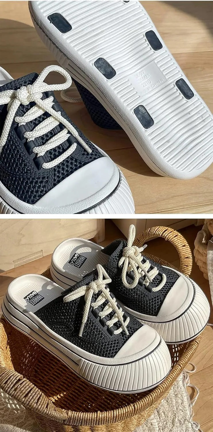 Women's Canvas Mules Platform Sneakers Backless Slip On Shoes Coquette Lace Up Round Toes Casual Slides Non Slip Chunky Thick Sole Retro Comfort Summer Tennis Shoes Wide Width Breathable Mesh