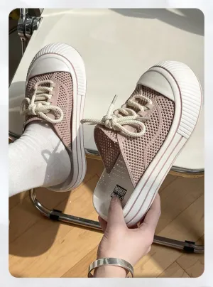 Women's Canvas Mules Platform Sneakers Backless Slip On Shoes Coquette Lace Up Round Toes Casual Slides Non Slip Chunky Thick Sole Retro Comfort Summer Tennis Shoes Wide Width Breathable Mesh