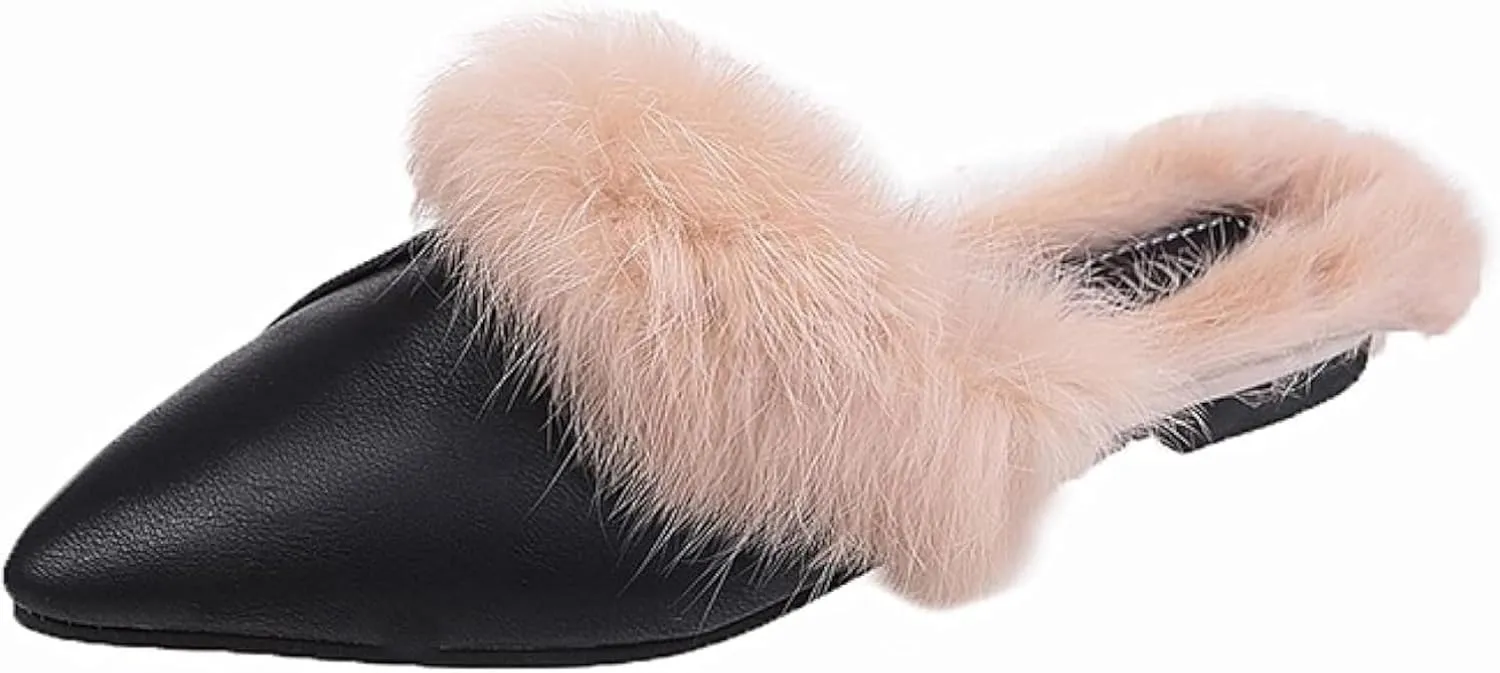 Women's Casual PU Leather Flat Shoes, Sandals, Pointed Short Fur Velvet Backless Comfortable Loafers, Slippers