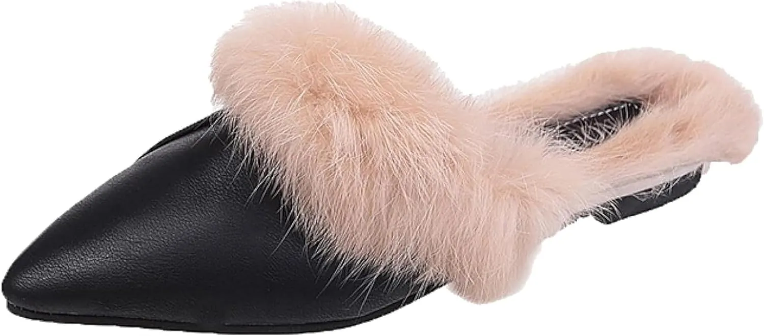 Women's Casual PU Leather Flat Shoes, Sandals, Pointed Short Fur Velvet Backless Comfortable Loafers, Slippers