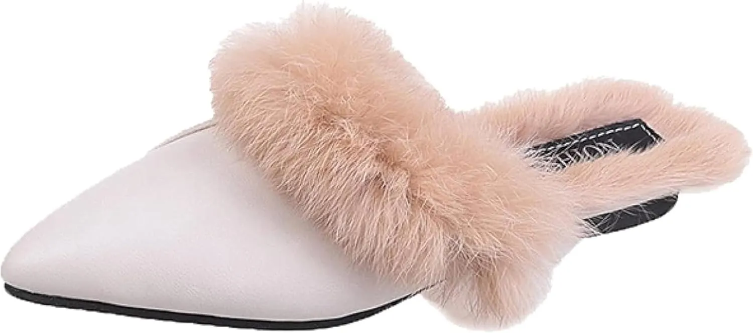 Women's Casual PU Leather Flat Shoes, Sandals, Pointed Short Fur Velvet Backless Comfortable Loafers, Slippers