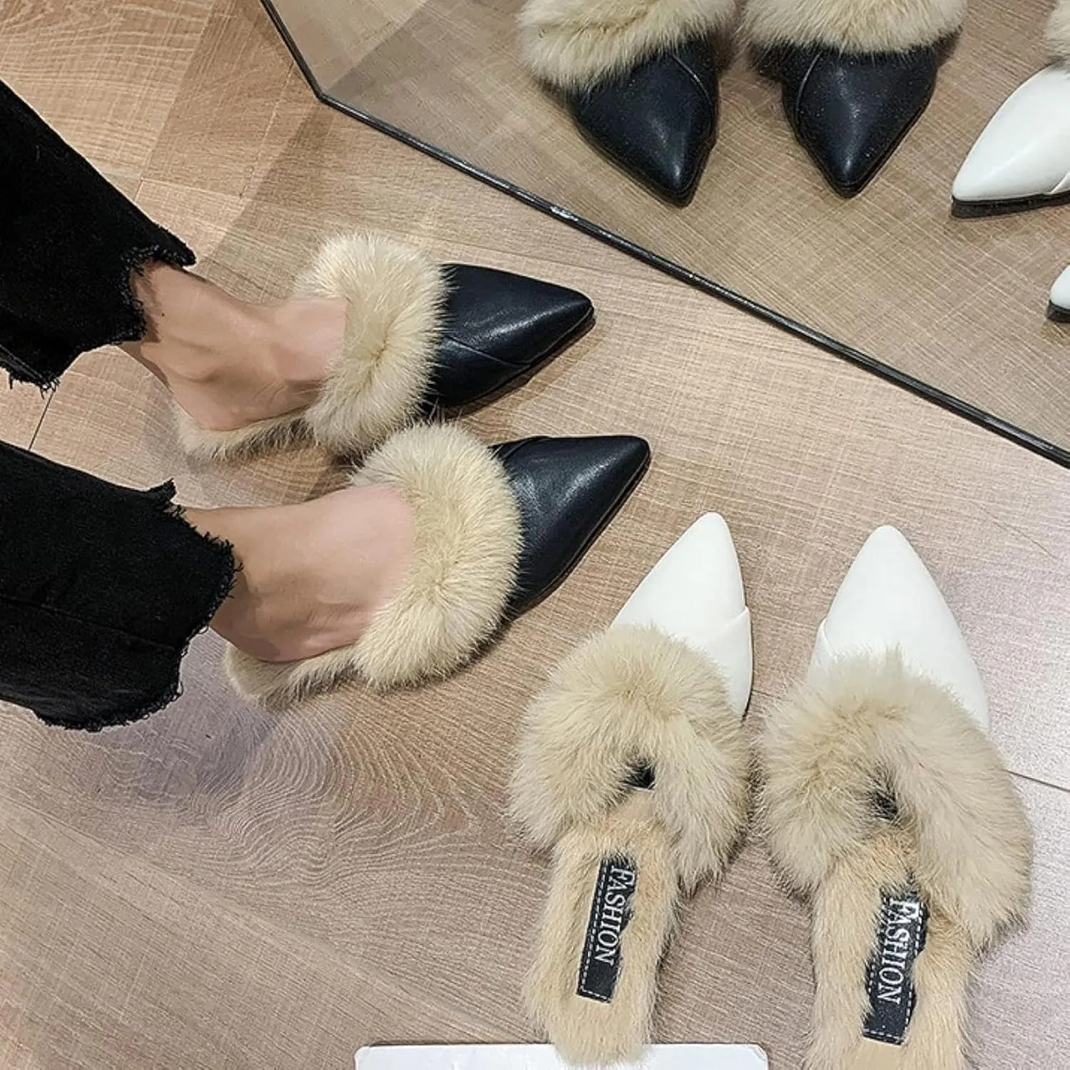 Women's Casual PU Leather Flat Shoes, Sandals, Pointed Short Fur Velvet Backless Comfortable Loafers, Slippers