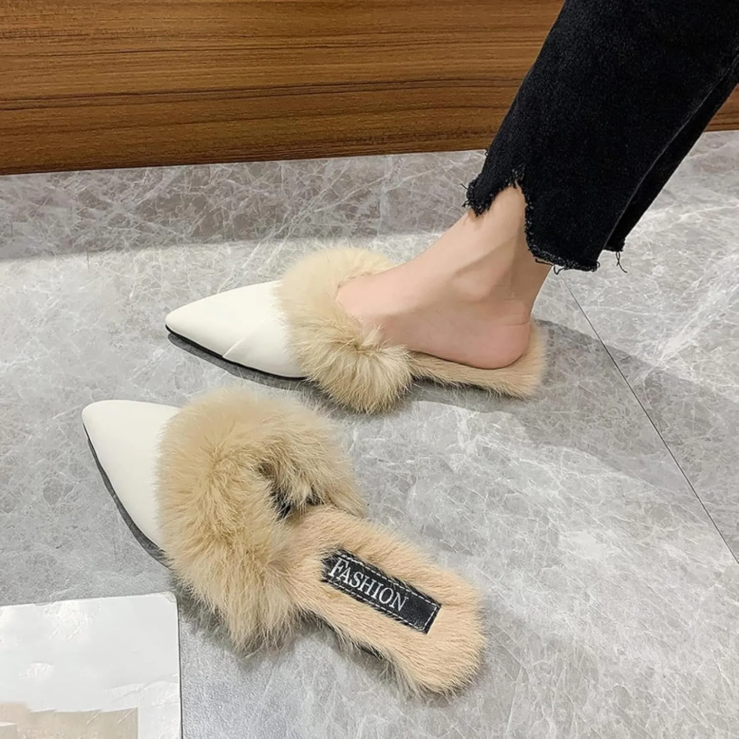 Women's Casual PU Leather Flat Shoes, Sandals, Pointed Short Fur Velvet Backless Comfortable Loafers, Slippers