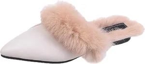 Women's Casual PU Leather Flat Shoes, Sandals, Pointed Short Fur Velvet Backless Comfortable Loafers, Slippers