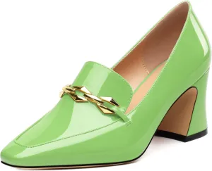 Womens Chunky Block Mid Heel,Patent Square Toe Pumps Slip-on Loafers Shoes Office Basic Classic Shoes 2.5IN