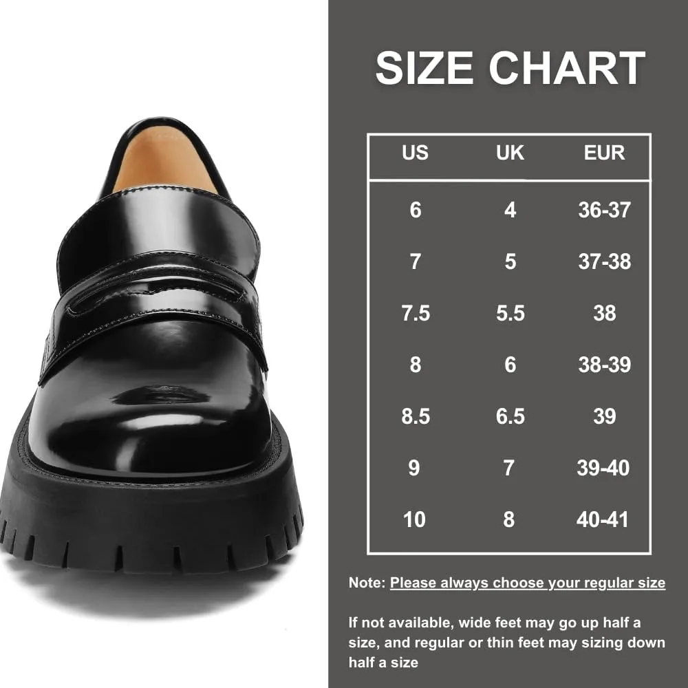 Women‘s Chunky Penny Loafers, Platform Lug Sole Slip On Business Casual Shoes, Patent Leather Comfortable Work Dressy Ladies Loafers