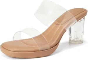 Women's Clear Backless Chunky High Heels Sandals Square Toe Two Strap Slip On Soft Bottom High Heeled Dress Sandal Slides Transparent Strap Wedding Business Party Mules