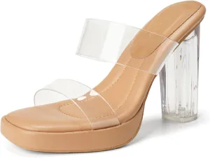 Women's Clear Backless Chunky High Heels Sandals Square Toe Two Strap Slip On Soft Bottom High Heeled Dress Sandal Slides Transparent Strap Wedding Business Party Mules