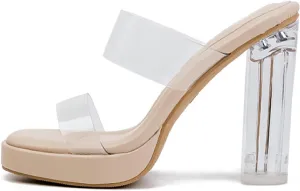 Women's Clear Backless Chunky High Heels Sandals Square Toe Two Strap Slip On Soft Bottom High Heeled Dress Sandal Slides Transparent Strap Wedding Business Party Mules