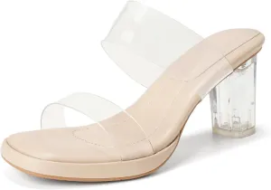 Women's Clear Backless Chunky High Heels Sandals Square Toe Two Strap Slip On Soft Bottom High Heeled Dress Sandal Slides Transparent Strap Wedding Business Party Mules