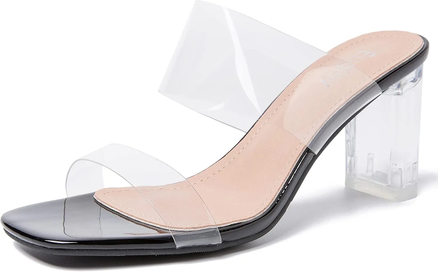 Women's Clear Heeled Sandals Transparent Block Chunky Heels Backless Two Strap Square Open Toe Slip on Mules Heeled Slipper Party Dress Shoes