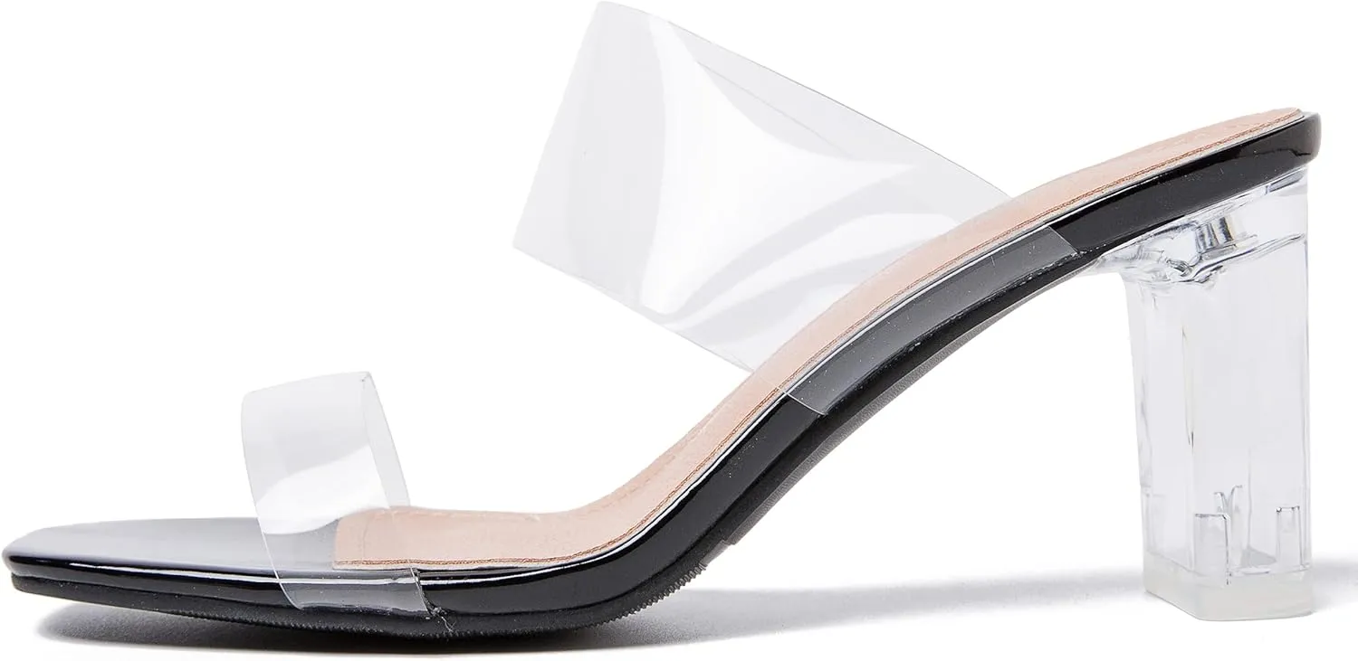 Women's Clear Heeled Sandals Transparent Block Chunky Heels Backless Two Strap Square Open Toe Slip on Mules Heeled Slipper Party Dress Shoes