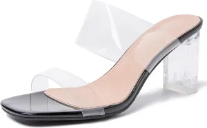 Women's Clear Heeled Sandals Transparent Block Chunky Heels Backless Two Strap Square Open Toe Slip on Mules Heeled Slipper Party Dress Shoes