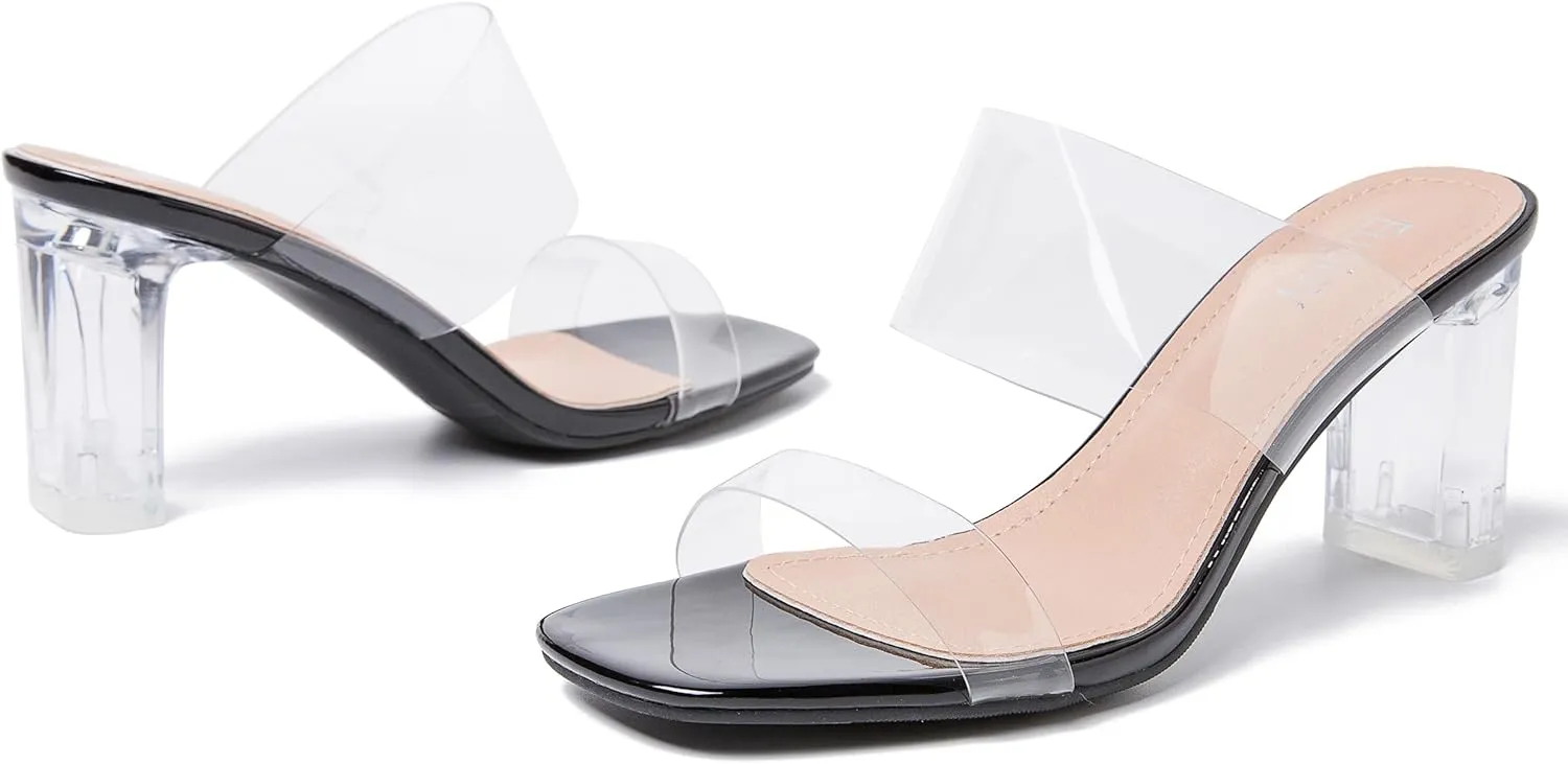 Women's Clear Heeled Sandals Transparent Block Chunky Heels Backless Two Strap Square Open Toe Slip on Mules Heeled Slipper Party Dress Shoes