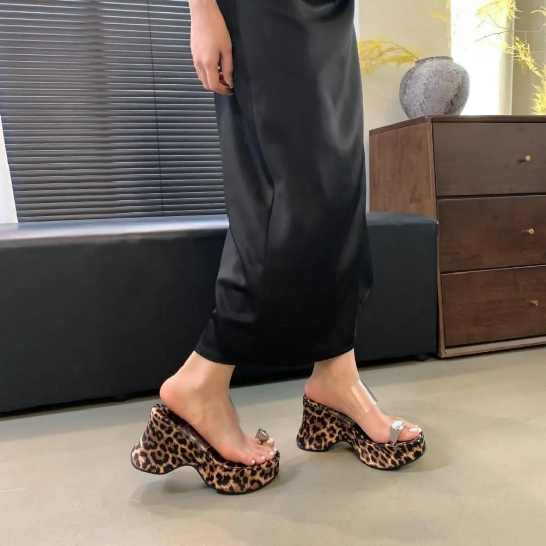Women's Clear Round Open Toe Wedge Platform Chunky Heel Slide Sandals Slip-On Sequined Rhinestone Toe Ring Mules Shoes Wedding Party Comfortable Slippers