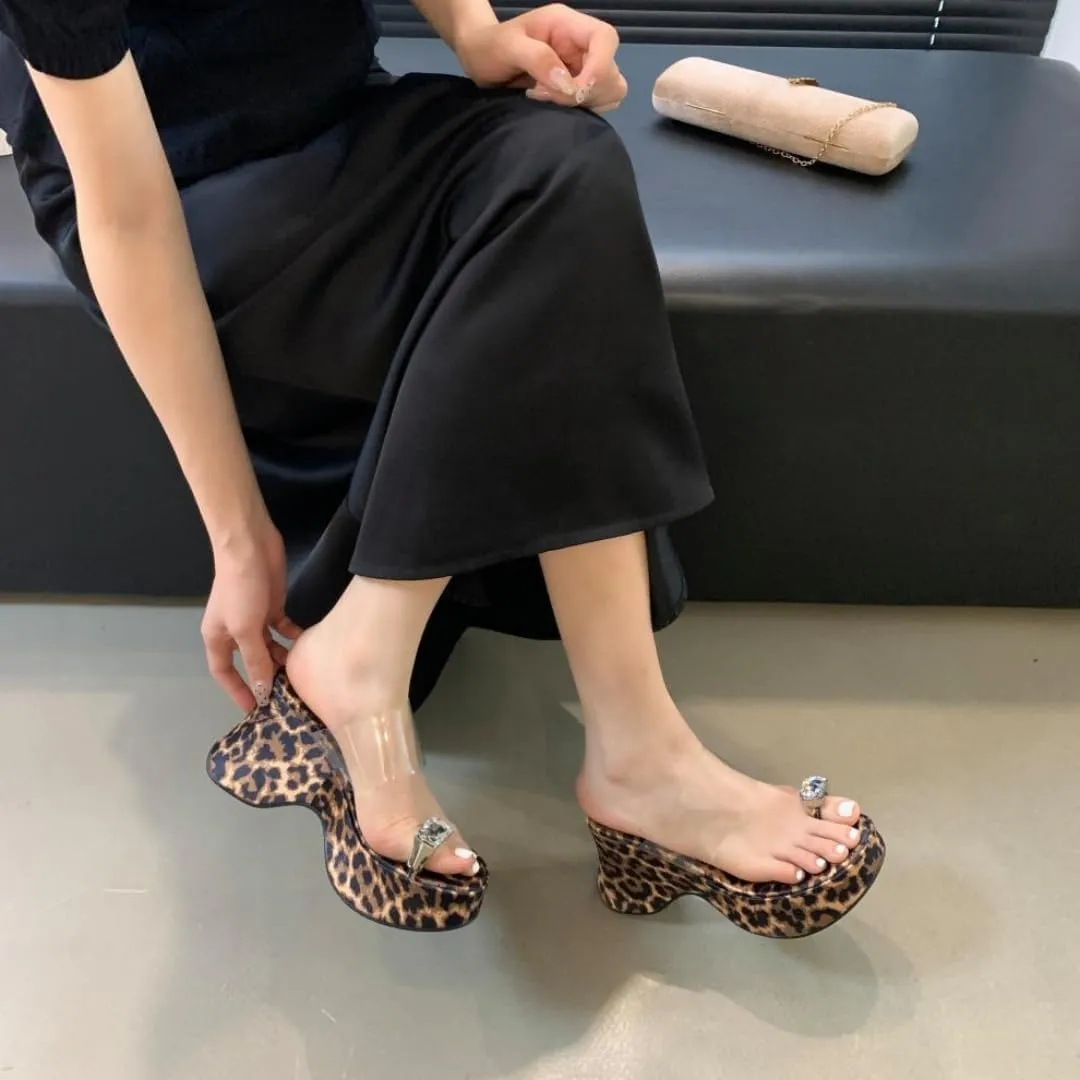 Women's Clear Round Open Toe Wedge Platform Chunky Heel Slide Sandals Slip-On Sequined Rhinestone Toe Ring Mules Shoes Wedding Party Comfortable Slippers