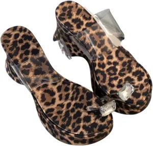 Women's Clear Round Open Toe Wedge Platform Chunky Heel Slide Sandals Slip-On Sequined Rhinestone Toe Ring Mules Shoes Wedding Party Comfortable Slippers