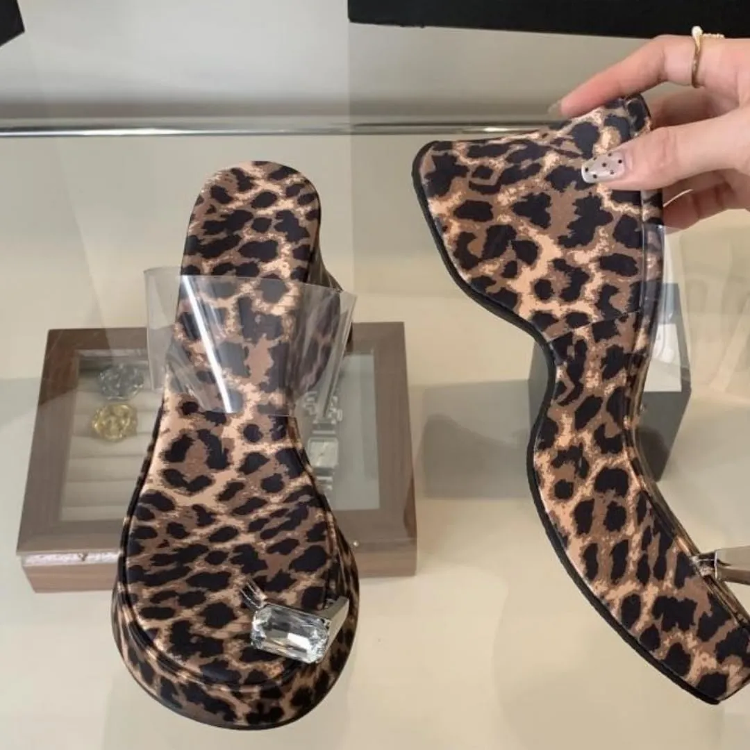 Women's Clear Round Open Toe Wedge Platform Chunky Heel Slide Sandals Slip-On Sequined Rhinestone Toe Ring Mules Shoes Wedding Party Comfortable Slippers
