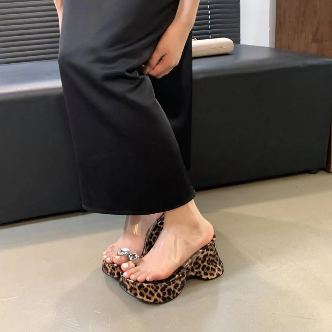 Women's Clear Round Open Toe Wedge Platform Chunky Heel Slide Sandals Slip-On Sequined Rhinestone Toe Ring Mules Shoes Wedding Party Comfortable Slippers