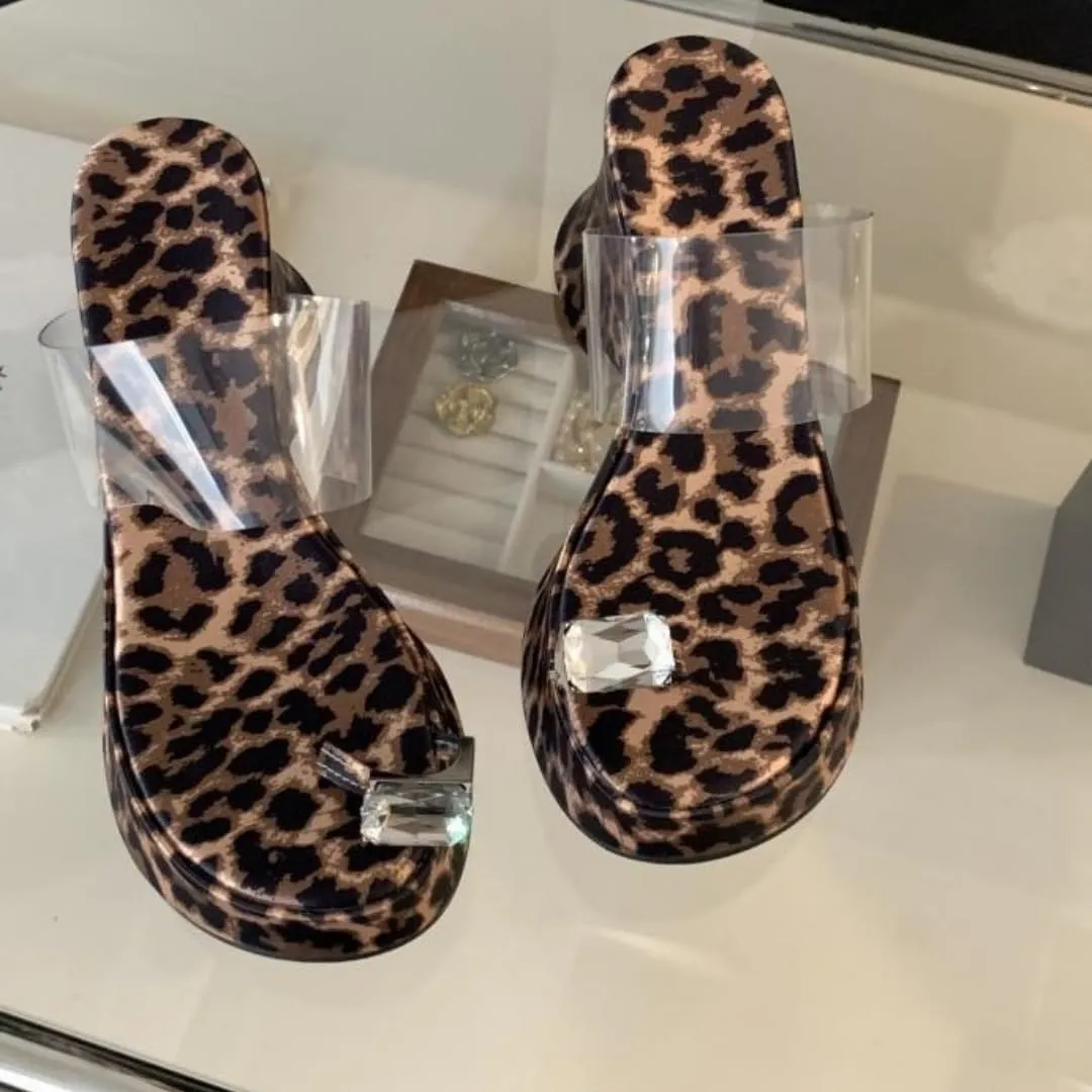 Women's Clear Round Open Toe Wedge Platform Chunky Heel Slide Sandals Slip-On Sequined Rhinestone Toe Ring Mules Shoes Wedding Party Comfortable Slippers