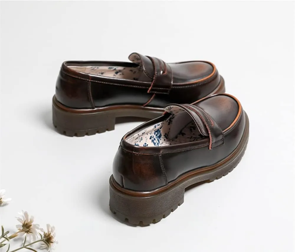 Women's Cowhide Leather Penny Loafers Mori Girl JK Uniform Dress Shoes