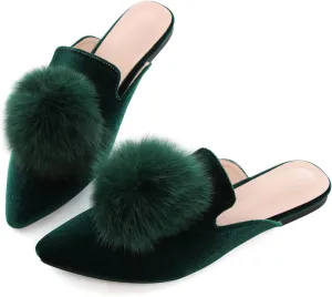 Women's Cute Pom Pom Mules Velvet Flats Shoes for Girls,Sexy Pointy Toe Slip On Mules Slides Office Work Backless Loafers Green Size 9.5