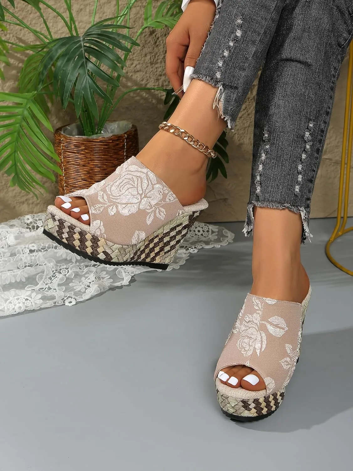 Women's Embroidered Floral Wedge Heel Mules - White Leather Upper, Woven Platform Sandals - Summer Casual Shoes for Vacation & Shopping