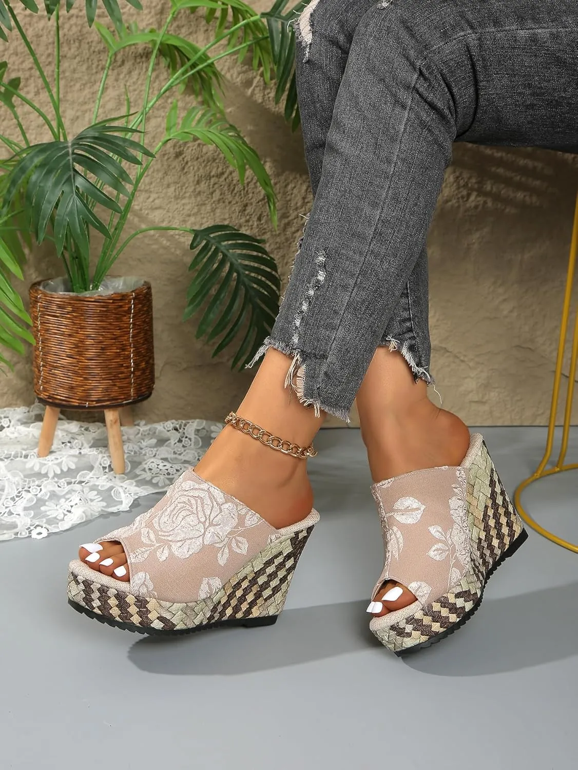 Women's Embroidered Floral Wedge Heel Mules - White Leather Upper, Woven Platform Sandals - Summer Casual Shoes for Vacation & Shopping
